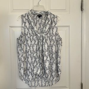 Ann Taylor Small Petit White Blouse with Black/Light Blue Print - Like New